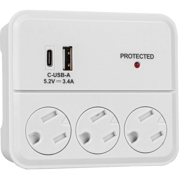 Main product image for RCA 3 Outlet AC Wall Tap with 1 USB-A port and 1 USB-C port 3.4A125-453